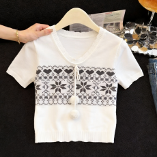 批发实拍费尔岛提花圆领套头<b class='q'>短</b>袖针织衫女新款慵懒风设计感叠穿上衣