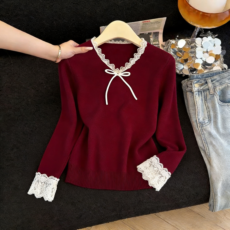 MY17103# 蝴蝶结拼接蕾丝v领针织衫新款法式温柔风百搭长袖上衣女裝貨...