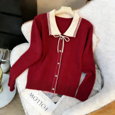 批发实拍法式娃娃领撞色蝴蝶结针织衫女春季新款外穿<b class='q'>开衫</b>百<b class='q'>搭</b><b class='q'>长袖</b>上衣