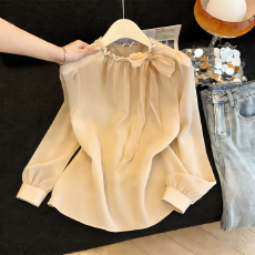 批发实拍法式气质重工编织珍珠圆领绑带<b class='q'>衬衫女</b>春季新款显瘦<b class='q'>长袖</b>雪纺衫