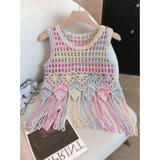 批发实拍多巴胺流苏<b class='q'>镂空</b>蕾丝吊带背心外搭<b class='q'>罩衫</b>叠穿高级感甜美马甲上衣