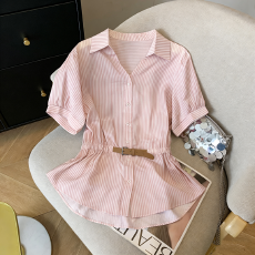 批发实拍法式别致条纹短袖衬衫女夏季<b class='q'>新款</b>洋气收腰显瘦减龄<b class='q'>雪纺上衣</b>薄