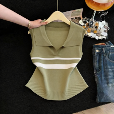 批发实拍polo领无袖针织背心女<b class='q'>夏</b>季外穿收腰显瘦条纹翻领冰丝打底上衣