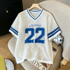 批发实拍美式街头辣妹男女同款薄款镂空冰丝针织宽松短袖<b class='q'>T</b><b class='q'>恤</b>v领上衣