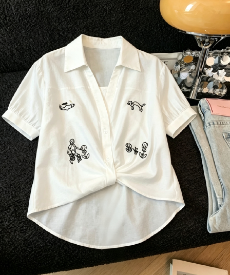 실사 한 부서 chic 자수 루즈핏 화이트 여성 셔츠 여름 새로운 Chic 비틀림 허리 수축 다용도 반팔 맨위
