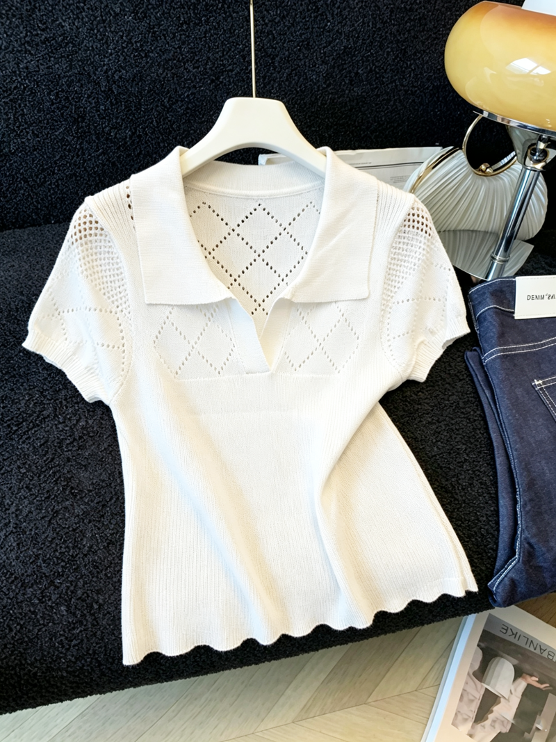 실사 POLO 칼라 얼음 실크 니트 스웨터 반팔 티셔츠 여성 여름 홀로우 아웃 캐주얼 다용도 연령 감소 슬림해 보이는 맨위