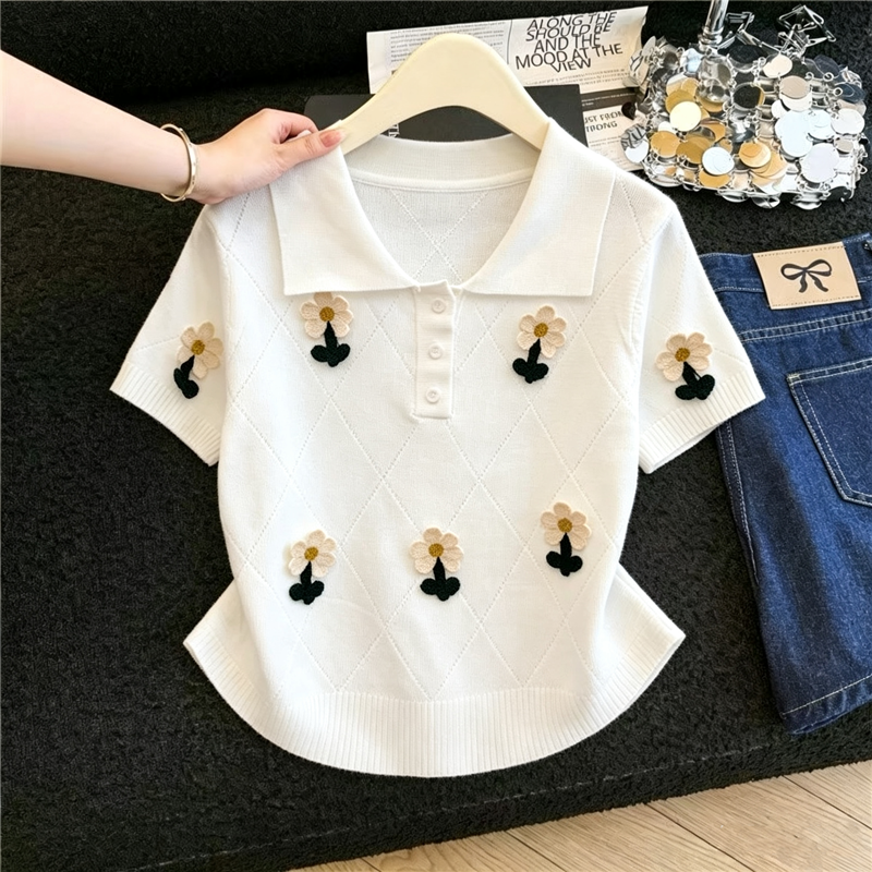 실사 3 차원 꽃 자수 POLO 칼라 니트 티셔츠 여성 여름 얇은 스타일 링 그리드 몸매 가꾸기 슬림해 보이는 반팔 맨위