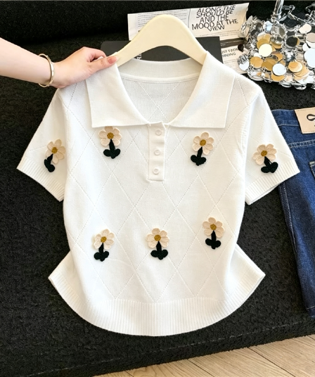 실사 3 차원 꽃 자수 POLO 칼라 니트 티셔츠 여성 여름 얇은 스타일 링 그리드 몸매 가꾸기 슬림해 보이는 반팔 맨위