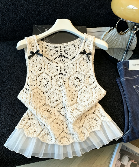 실사 패치워크 망사 자수 홀로우 아웃 레이스 조끼 여성 여름 외출용 나비 매듭 라운드 넥 다용도 민소매 맨위