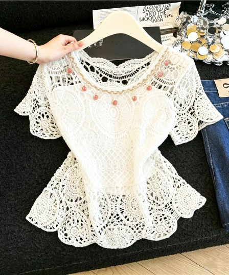 실사 한 부서 부드러운 바람 홀로우 아웃 자수 레이스 셔츠 블라우스 여성 여름 얇은 스타일 다용도 허리 수축 자외선 차단 맨위