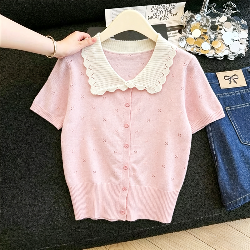 실사 프랑스식 연령 감소 배색 니트 반팔 티셔츠 여성 여름 새로운 베이비 칼라 다용도 통기성 얼음 실크 맨위