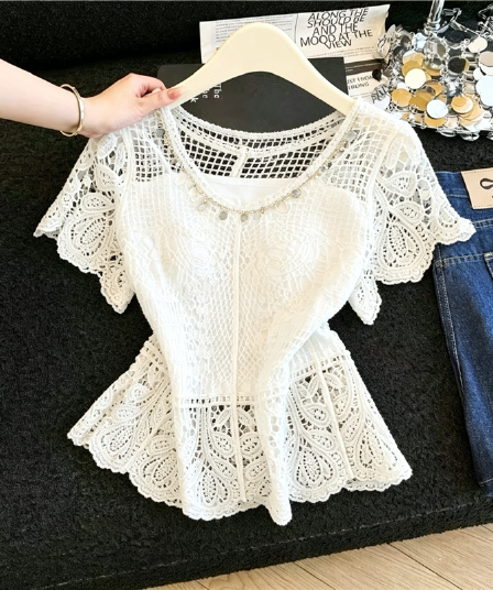 실사 프랑스식 부드러운 바람 홀로우 아웃 자수 레이스 블라우스 슬립 두 조각 여성 세트 여름 얇은 스타일 다용도 맨위