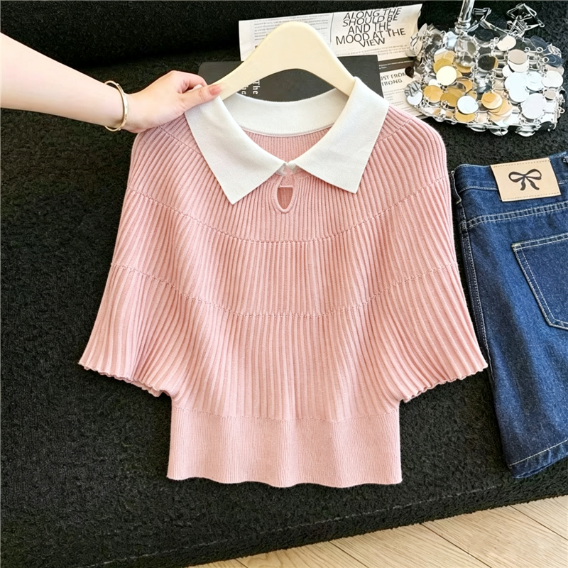 실사 부드러운 바람 배색 POLO 칼라 얼음 실크 니트 티셔츠 여성 여름 루즈핏 배트윙 소매 구덩이 기사 쇼트 스타일 맨위