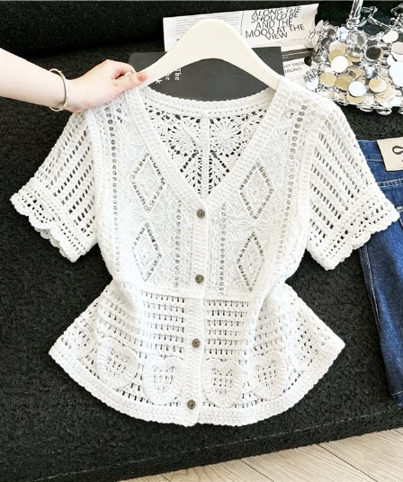 실사 프랑스식 V넥 자수 홀로우 아웃 반팔 오픈 가디건 여성 여름 새로운 자외선 차단 통기성 다용도 쇼트 스타일 레이스 셔츠