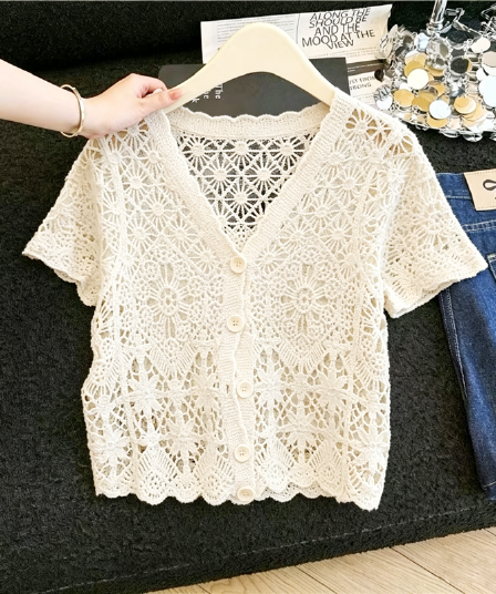 실사 한 부서 느긋한 바람 메시 그리드 홀로우 아웃 레이스 셔츠 여성 여름 얇은 스타일 통기성 작은 키 스택 착용 외부 잡아라. 의류