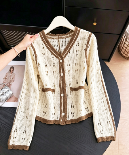 실사 작은 샤넬 스타일 V넥 홀로우 아웃 자수 긴팔 니트 오픈 가디건 여성 고급 레이스 테두리 다용도 맨위 재킷