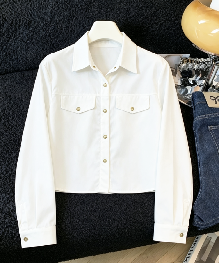 실사 캐주얼 POLO 칼라 루즈핏 긴팔 여성 셔츠 가을 새로운 품격 얇은 스타일 워크웨어 쇼트 스타일 재킷 맨위