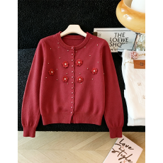 批发实拍甜美重工立体<b class='q'>花朵</b>钉珠针织衫女秋冬新款宽松百搭圆领开衫毛衣