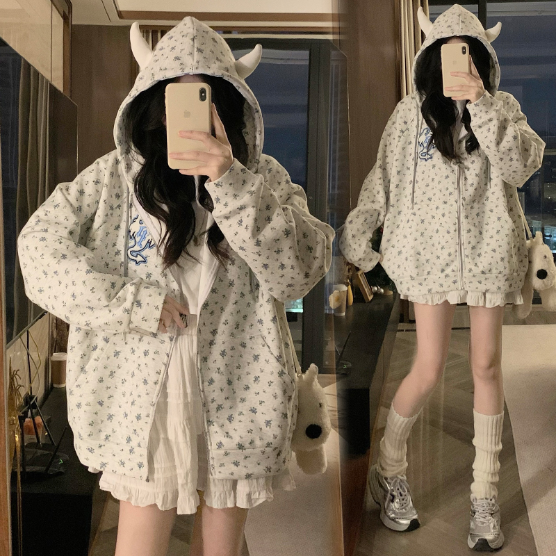 2026 한 부서 파란색 꽃무늬 스트라이프 오픈 가디건 여성 코트 봄 가을 작은 대중 루즈핏 캐주얼 얇은 스타일 슈퍼 잘 생긴 재킷