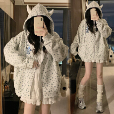 批发2026韩系蓝色碎花条纹开衫外套女春秋小众宽松休闲薄款超好看夹克