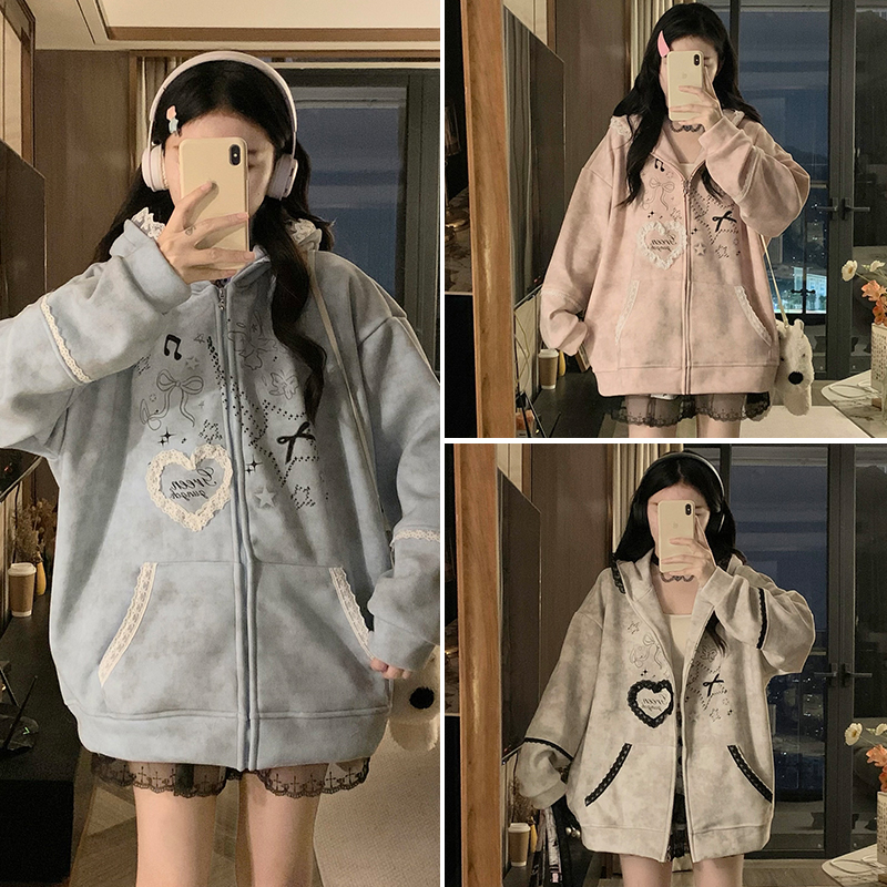 실사 작은 대중 오리지널 달콤한 차가운 바람 길다 귀 레이스 후드 티 스웨터 여성 루즈핏 디자인 센스 카디건 코트