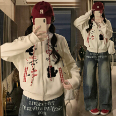 批发实拍 趣味小猫毛巾绣格纹拼接连帽卫衣女秋季新款宽松上衣外套