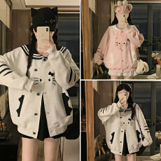 批发实拍韩版复古<b class='q'>设计</b>感宅萌猫咪拼接撞色海军领外套百搭长袖开衫卫衣