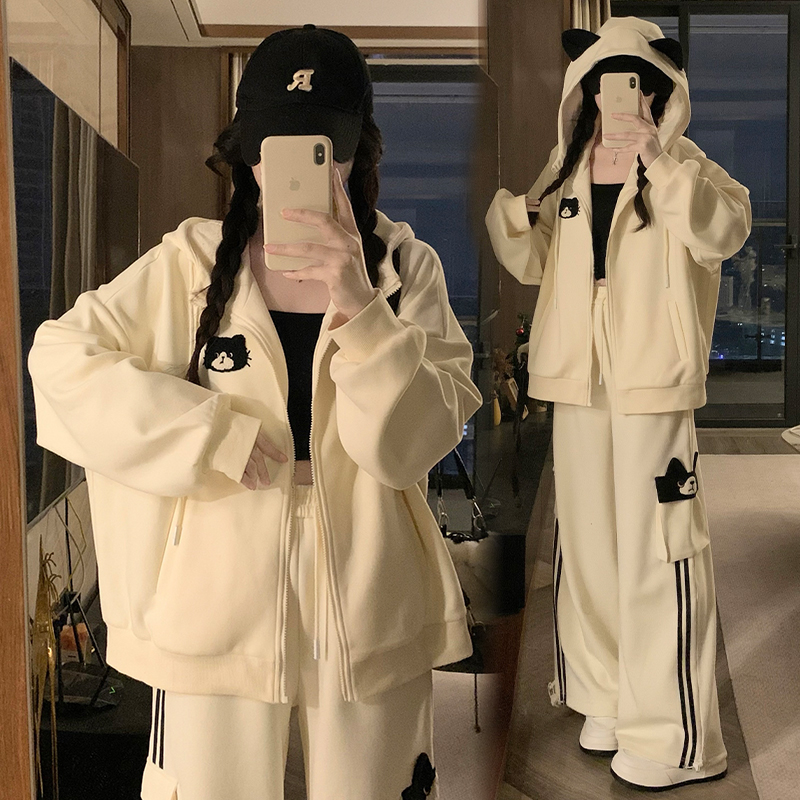 실사 달콤함 디자인 센스 귀여운 고양이 후드 여성 코트 털이 있는 루즈핏 후드티 가을 커플룩 새로운
