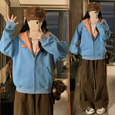 批发实拍 2026新款学院风撞色蓝色连帽宽松<b class='q'>休闲</b>卫衣设计感外套潮