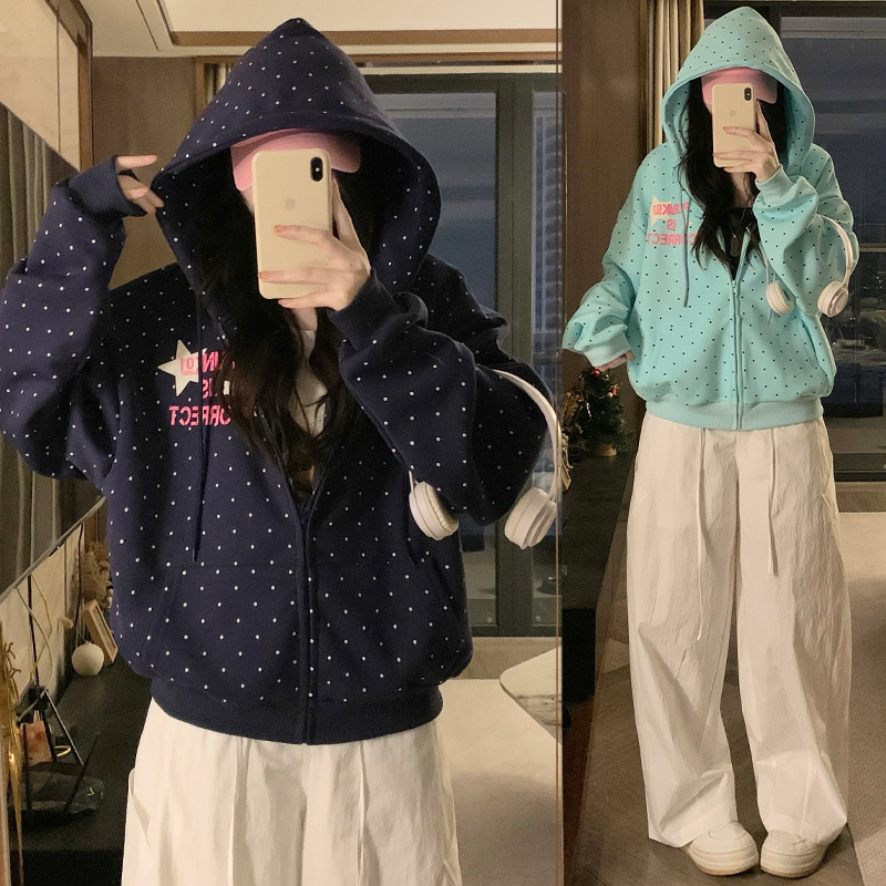 실사 아메리칸 도트 무늬 별 알파벳 프린트 후드 오픈 가디건 후드티 여성 봄 루즈핏 oversize 재킷