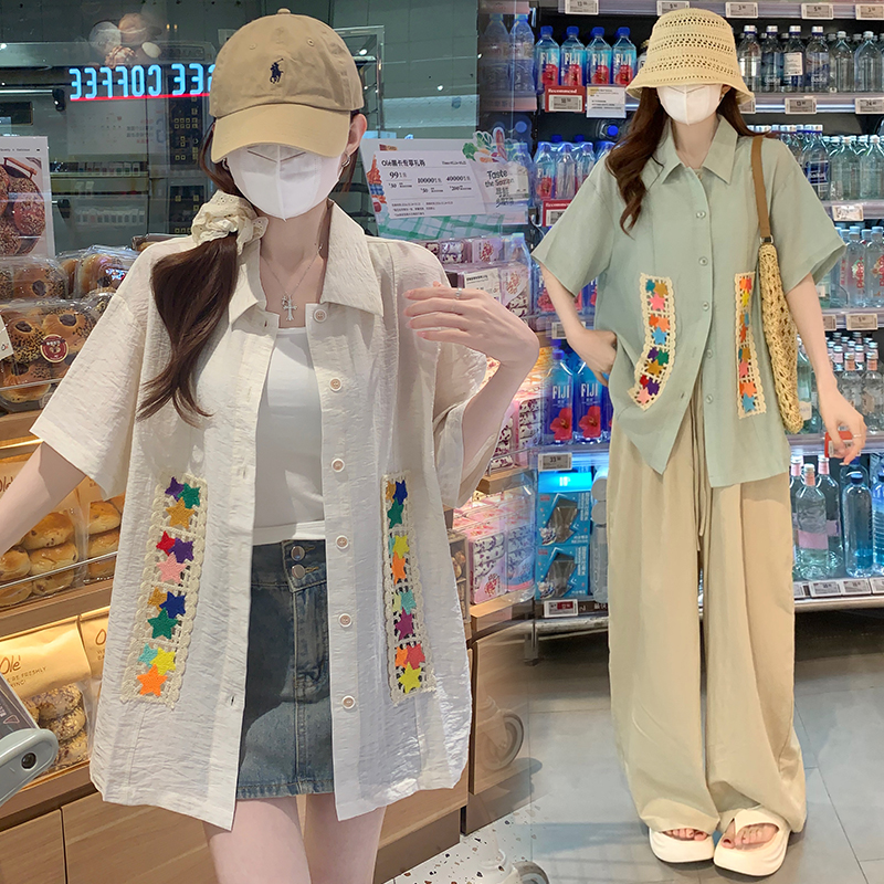 2026 실사 새로운 리본 패치워크 반팔 셔츠 여름 차가운 색상 분위기 2 색