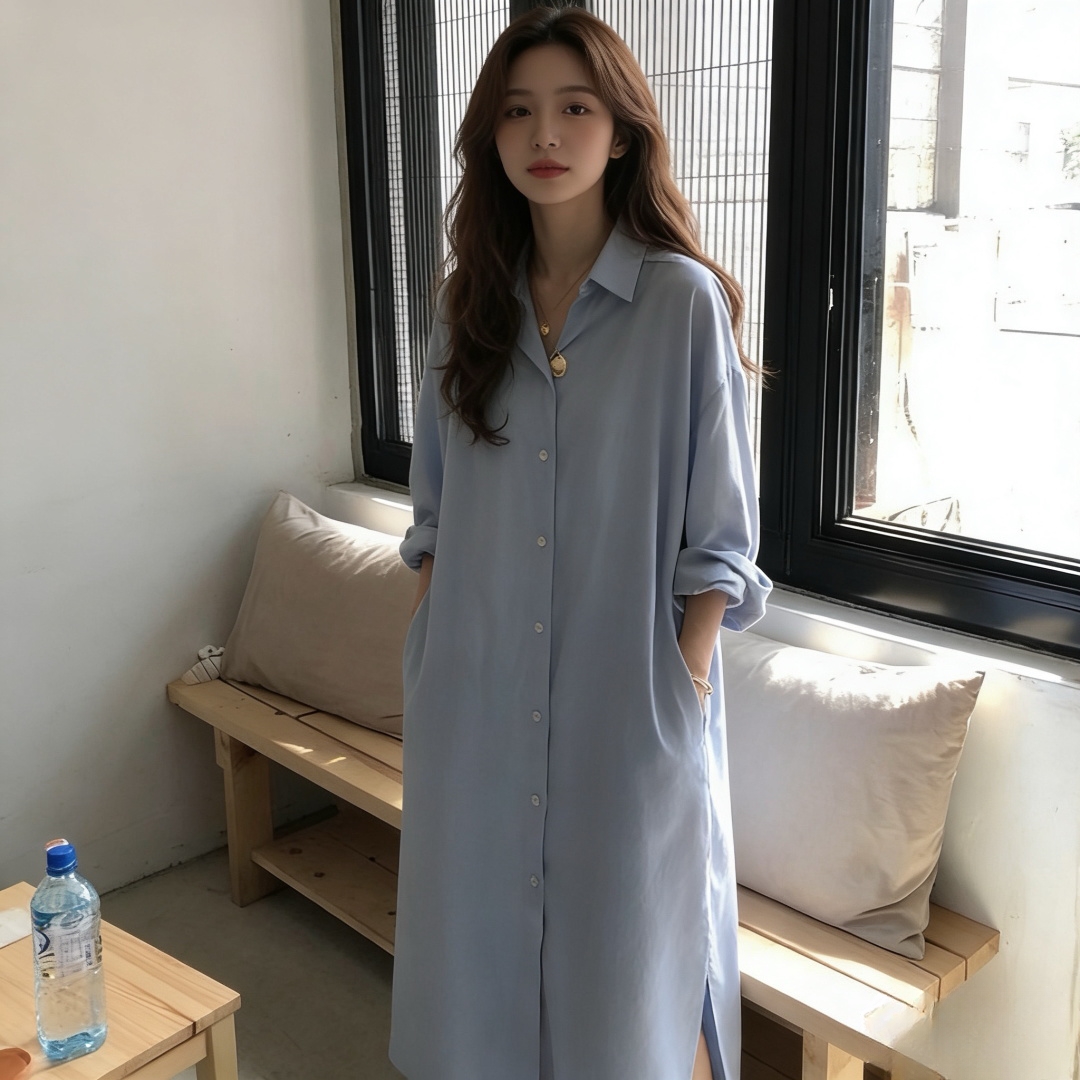 한국 동대문 느긋한 바람 미니멀리즘 롱 코트 무릎 아래 표지 고기 셔츠 단색 폴로 칼라 오픈 가디건 셔츠 태양 보호 셔츠 트렌디