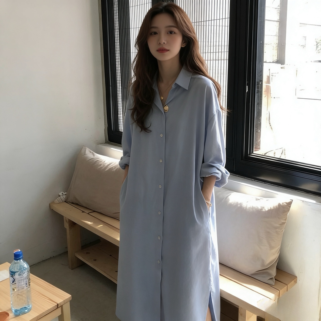 한 부서 파란색 여성 셔츠 봄 여름 2026 년 새로운 루즈핏 롱 코트 재킷 무릎 아래 자외선 차단 셔츠 드레스 트렌디