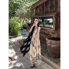 批发韩系设计感宽松复古印花无袖吊带<b class='q'>连衣裙</b>女2026夏季新款海边度假风