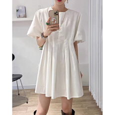 批发韩国chic简约纯色设计感灯笼袖百褶连衣裙小个子泡泡袖高腰短裙女