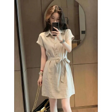 批发夏季新款韩式休闲风翻领<b class='q'>短袖</b>衬衫裙女装收腰A字连衣裙高级感T恤裙