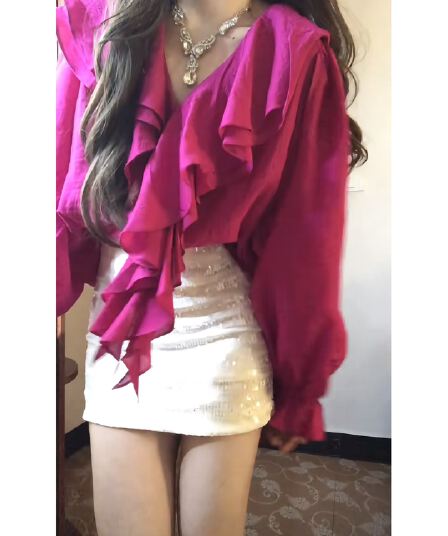 프릴 칼라 프랑스식 셔츠 루즈핏 Chic 긴팔 디자인 맨위 순수한 욕망 바람 스팽글 반신 치마 세트