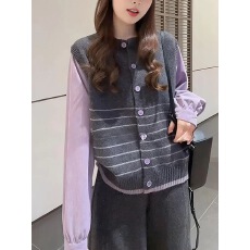 批发大码设计感假两件条纹毛衣<b class='q'>女</b>装春季新款胖mm宽松显瘦减龄针织上衣