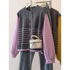 批发撞色条纹灯芯绒针织马甲叠穿衬衫<b class='q'>女</b>2026春新款大码胖mm假两件上衣