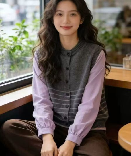 페이크 레이어드 고급 센스 스트라이프 스웨터 여자 2026 봄 새로운 다용도 루즈핏 패치워크 니트 스웨터 맨위 재킷