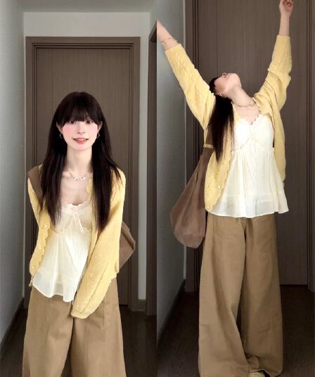 샤오홍 예약하기 폭발 봄 디스플레이 화이트 오픈 가디건 플러스 레이스 슬립 플러스 카키 와이드 레그 팬츠 세트