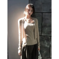 批发韩风卡其色针织开衫女早春<b class='q'>修身</b>长袖外搭上衣慵懒亚麻吊带背心套装