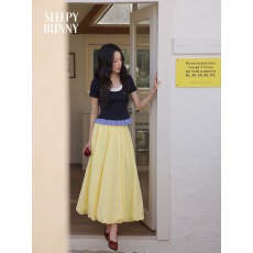 批发瞌睡兔【童话集】松紧腰法式花苞<b class='q'>裙</b>女春季高腰显瘦黄色A字半身<b class='q'>裙</b>