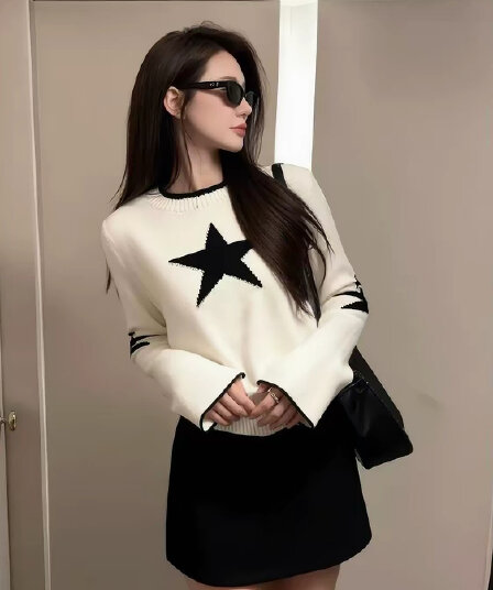 전체 집합 ootd 착용 가져 가라. 한 부서 이리저리 떠다니다 번쩍였다 조각 라운드 넥 긴팔 니트 맨위 하이웨이스트 슬림해 보이는 다용도 반신 스커트