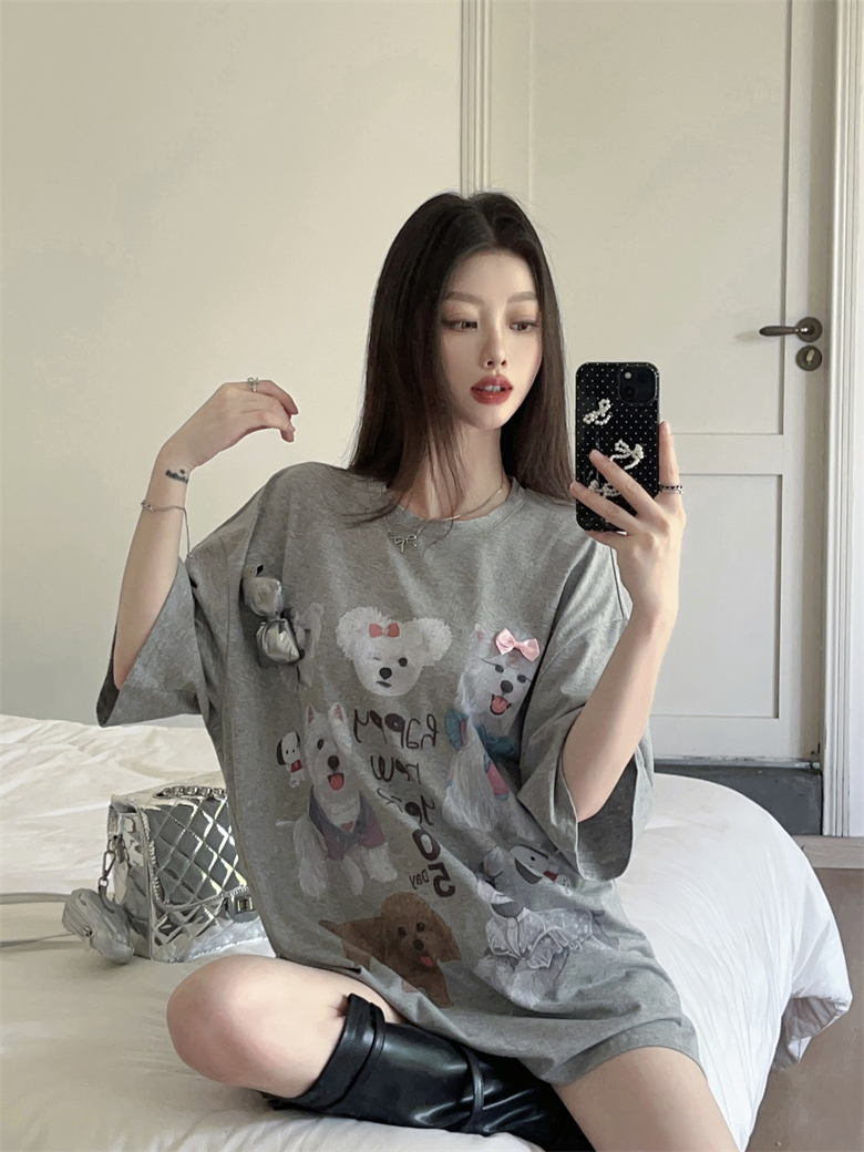 FA33827# 夏季短袖宽松中长款小个子灰色设计感印花小众T恤上衣女 服裝批發女裝批發服飾貨源
