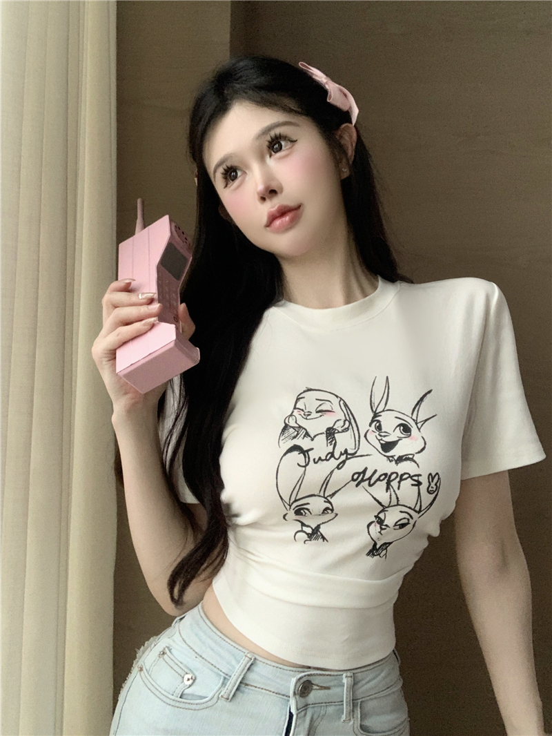 FA33826# 复古褶皱收腰短袖t恤设计感卡通印花露脐短款上衣女 服裝批發女裝批發服飾貨源