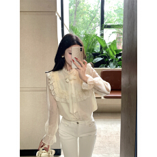 批发实拍实价法式荷叶边蕾丝边衬衫女泡泡袖上衣打底衫内搭宫廷风衬衣