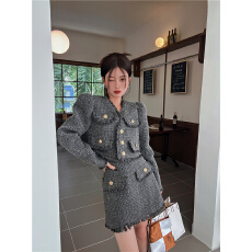 批发实拍实价~小香风套装女粗花呢口袋装饰西装<b class='q'>外套</b>高腰流苏a字半身裙