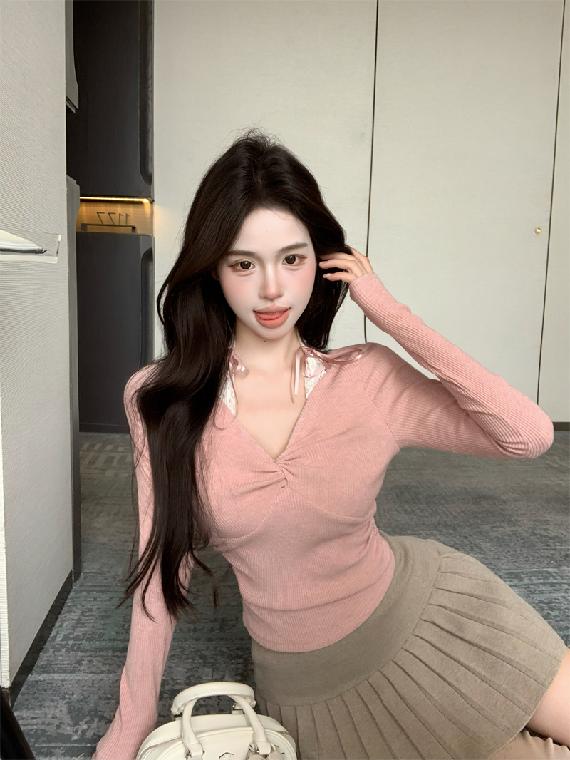 실사 정가 페이크 레이어드 레이스 조각 오프숄더 긴팔 티셔츠 순수한 욕망 바람 슬림해 보이는 몸매 가꾸기 인사이드 가져 가라. 만나는 맨위