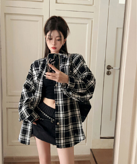 실사 정가 이른 가을 한국 스타일 레트로 격자 무늬 셔츠 재킷 디자인 센스 작은 대중 차 휴식 느긋한 바람 루즈핏 맨위